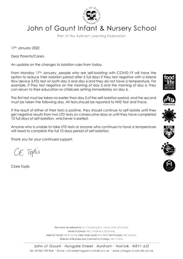 thumbnail of 17th January 2022 isolation update letter